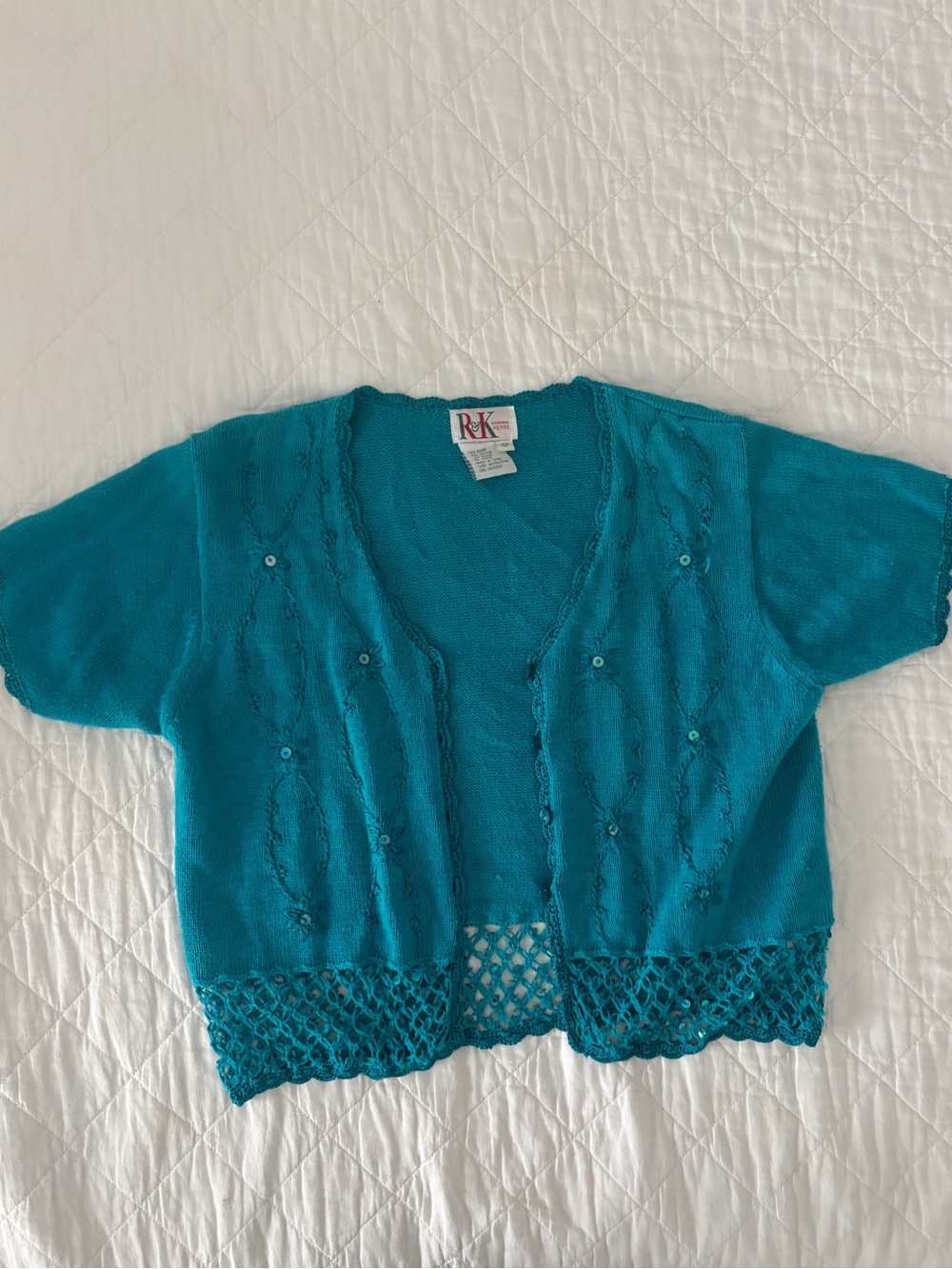 R&K Teal Openwork Short Sleeve Knit Top